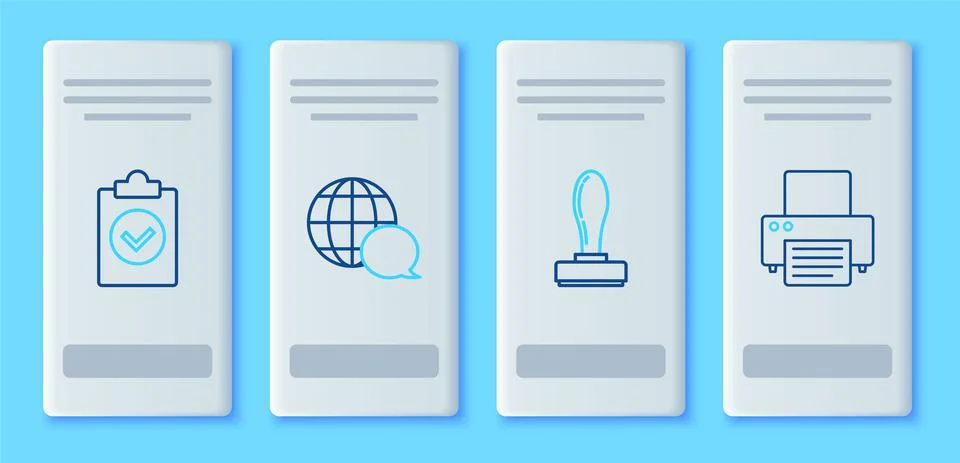 Set line World map made from speech bubble, Stamp, Completed task and Printer Stock Illustration