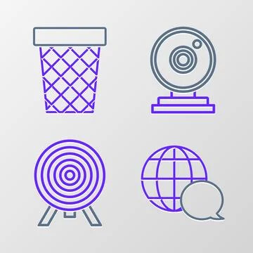 Set line World map made from speech bubble, Target, Web camera and Trash ca.. Stock-Illustration
