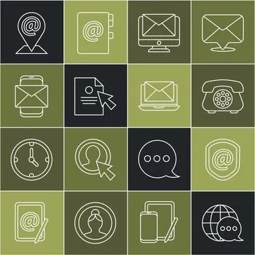 Set line World map made from speech bubble, Shield with mail and e-mail, Te.. 스톡 일러스트