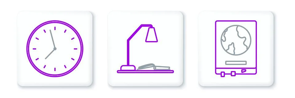 Set line World map on a school blackboard, Clock and Workplace with table lamp Stock Illustration