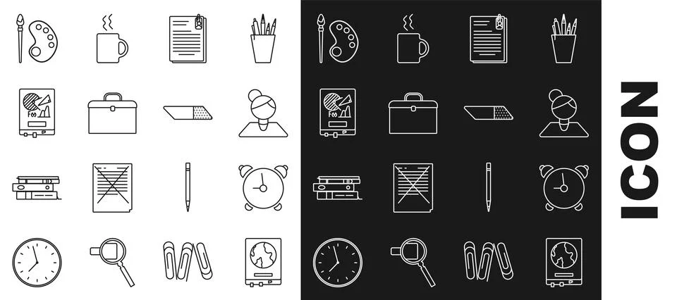 Set line World map on a school blackboard, Alarm clock, Teacher, File document Stock Illustration