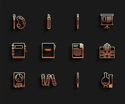 Set line World map on a school blackboard, Paper clip, Paint brush with palette Ilustración de archivo