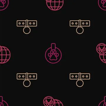 Set line World pet, Collar with name tag and on seamless pattern. Vector Stock Illustration