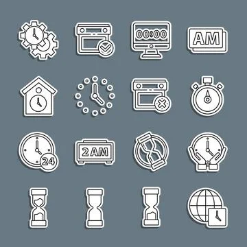 Set line World time, Clock, Stopwatch, on monitor, Retro wall, Time Management Stock Illustration
