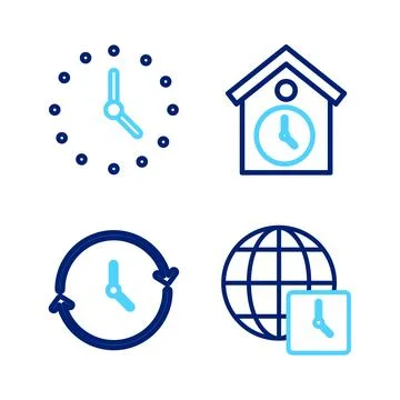 Set line World time, Clock, Retro wall watch and  icon. Vector Stock Illustration