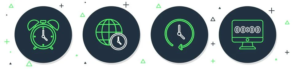 Set line World time, Clock, Alarm clock and on monitor icon. Vector Stock Illustration