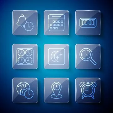 Set line World time, Time zone clocks, Alarm, Digital alarm, Moon and stars,  Stock Illustration