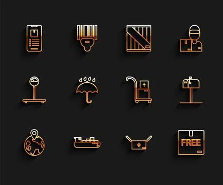 Set line Worldwide, Cargo ship with boxes delivery service, Mobile phone ap.. 库存插图