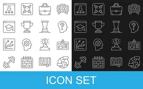 Set line Worldwide, Identification badge, Head with question mark, Briefcase, Stock-Illustration