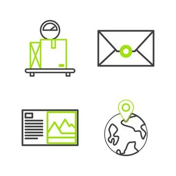 Set line Worldwide, Postcard, Envelope and Scale with cardboard box icon. Vector 库存插图
