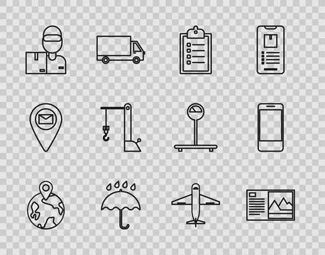 Set line Worldwide, Postcard, Verification of delivery list clipboard, Umbr.. 库存插图