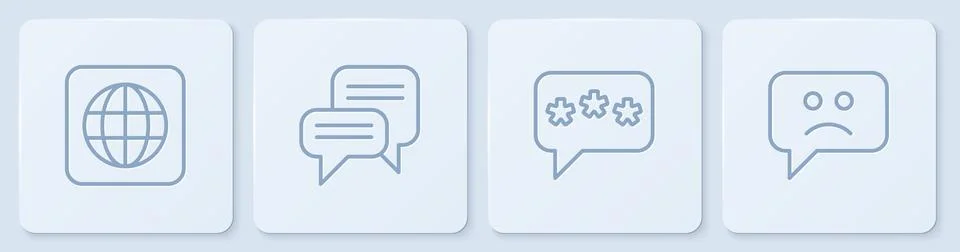 Set line Worldwide, Speech bubble chat,  and Sad smile. White square button.  Stock Illustration