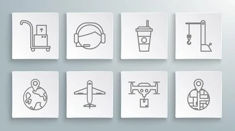 Set line Worldwide, Support operator in touch, Plane, Delivery drone with the Stock Illustration