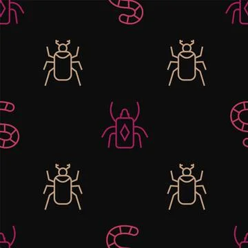 Set line Worm, Beetle bug and on seamless pattern. Vector 스톡 일러스트