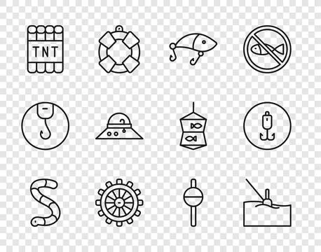 Set line Worm, Fishing float in water, lure, Ship steering wheel, Detonate .. Stock Illustration
