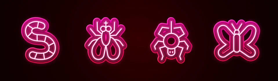 Set line Worm, Insect fly, Spider and Butterfly. Glowing neon icon. Vector 스톡 일러스트