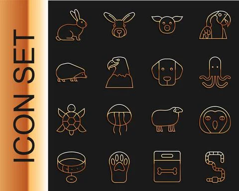 Set line Worm, Owl bird, Octopus, Pig, Eagle head, Hedgehog, Rabbit and Dog icon Stock Illustration