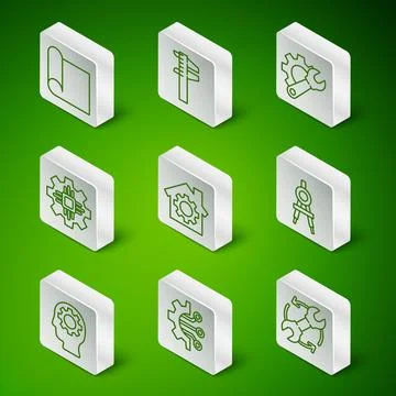 Set line Wrench and arrows as workflow, Algorithm, Graphing paper for Stock Illustration