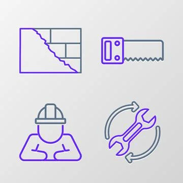 Set line Wrench and arrows as workflow, Builder, Hand saw and Bricks icon. .. Stock Illustration