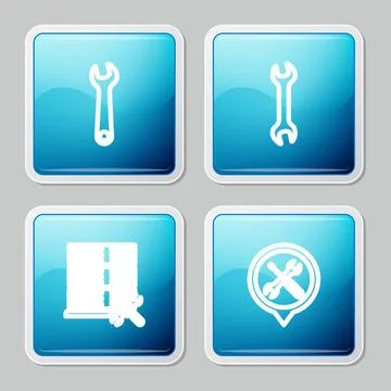 Set line Wrench, , Database server service and Location icon. Vector Illustrazione stock