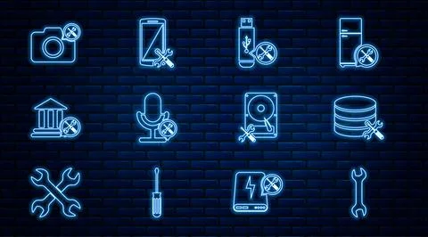 Set line Wrench, Database server service, USB flash drive, Microphone, Bank Illustrazione stock