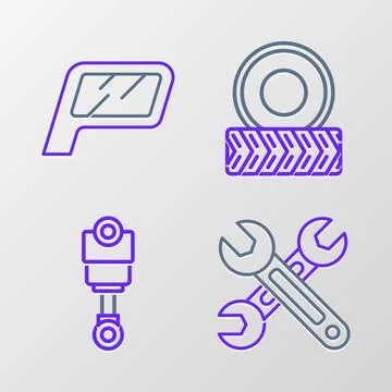 Set line Wrench, Engine piston, Car wheel and mirror icon. Vector Illustrazione stock