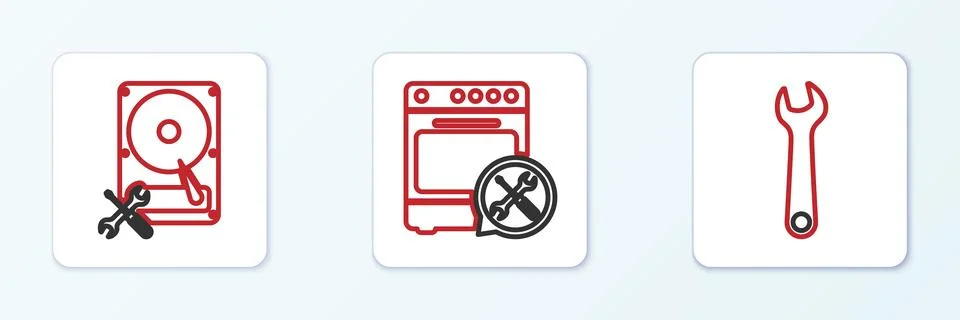 Set line Wrench, Hard disk drive service and Oven icon. Vector Stock Illustration