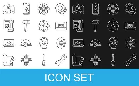 Set line Wrench spanner, Algorithm, House plan, Processor, Hammer, Multimeter Stock Illustration