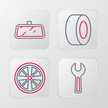 Set line Wrench spanner, Alloy wheel, Car tire and mirror icon. Vector Stock Illustration