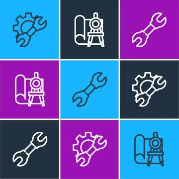 Set line Wrench spanner and gear, and Graphing paper compass icon. Vector 스톡 일러스트