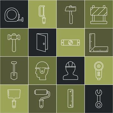 Set line Wrench spanner, Angle grinder, Corner ruler, Hammer, Closed door Stock Illustration