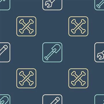 Set line Wrench spanner, Archeology and Shovel on seamless pattern. Vector 스톡 일러스트