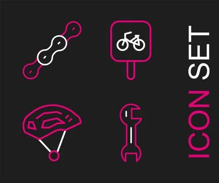 Set line Wrench spanner, Bicycle helmet, parking and chain icon. Vector Illustrazione stock