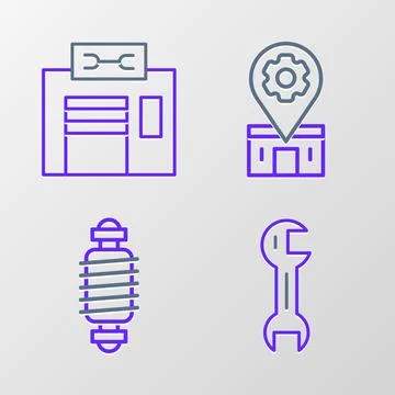 Set line Wrench spanner, Bicycle suspension, repair service and  icon. Vector Illustrazione stock