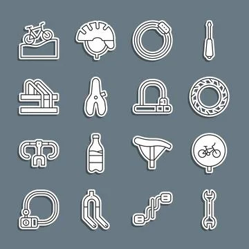 Set line Wrench spanner, Bicycle, wheel tire, brake disc, seat, parking, Mo.. Stock Illustration