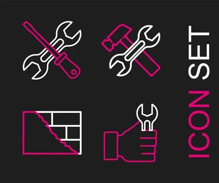 Set line Wrench spanner, Bricks, Hammer and wrench and Screwdriver icon. Vector Illustrazione stock