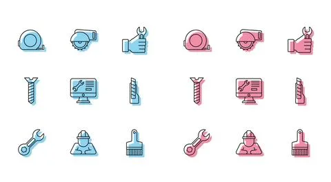 Set line Wrench spanner, Builder, Roulette construction, Paint brush, Computer Ilustración de archivo