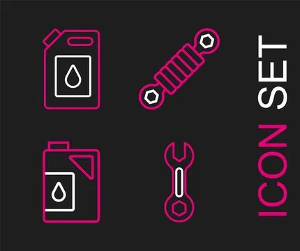 Set line Wrench spanner, Canister for motor oil, Shock absorber and icon. Vector イラスト素材