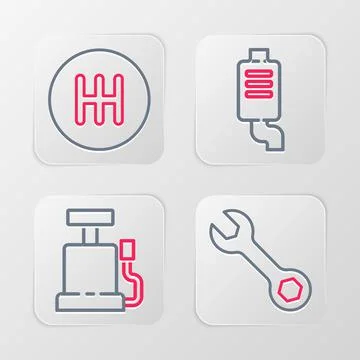 Set line Wrench spanner, Car air pump, muffler and Gear shifter icon. Vector Stock Illustration
