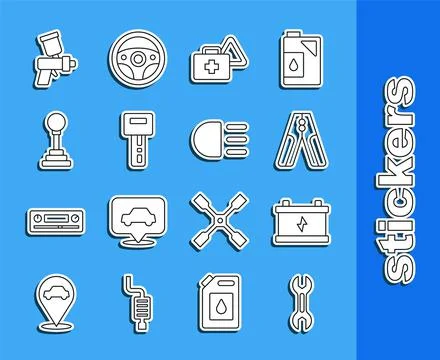 Set line Wrench spanner, Car battery, jumper power cable, First aid kit and w Stock Illustration