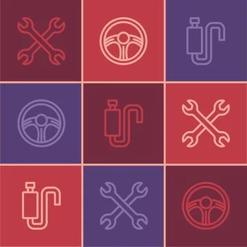 Set line Wrench spanner, Car muffler and Racing steering wheel icon. Vector Stock Illustration