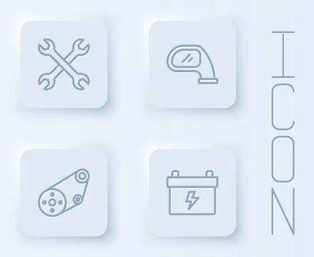 Set line Wrench spanner, Car mirror, Timing belt kit and battery. White square Stock Illustration