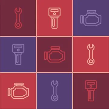 Set line Wrench spanner, Check engine and Car key with remote icon. Vector Stock Illustration