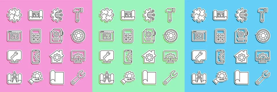 Set line Wrench spanner, Computer monitor and gear, Gear arrows as workflow,  Stock Illustration