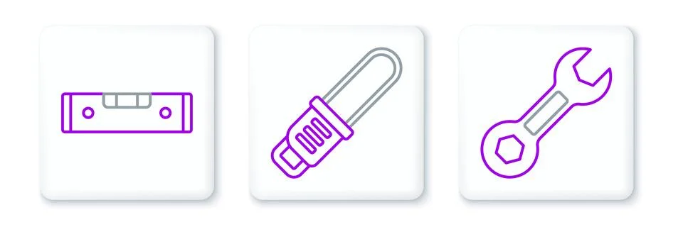 Set line Wrench spanner, Construction bubble level and Chainsaw icon. Vector Stock Illustration