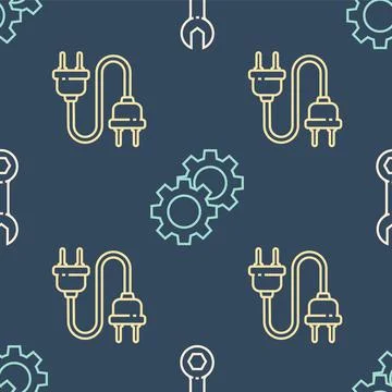 Set line Wrench spanner, Electric plug and Gear on seamless pattern. Vector イラスト素材
