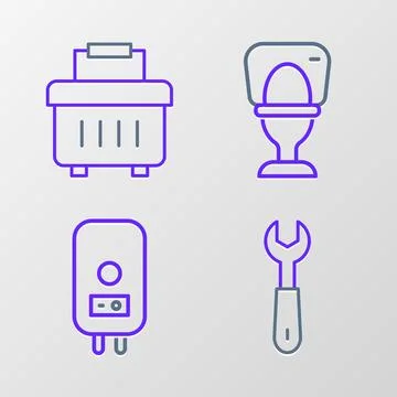 Set line Wrench spanner, Electric boiler, Toilet bowl and Toolbox icon. Vector Stock Illustration