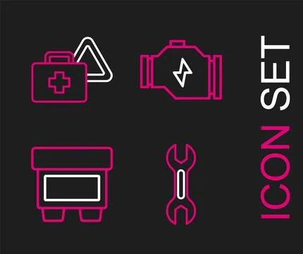 Set line Wrench spanner, Fuse, Check engine and First aid kit and warning Stock Illustration