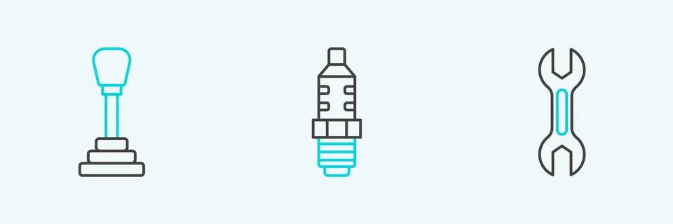 Set line Wrench spanner, Gear shifter and Car spark plug icon. Vector Stock Illustration