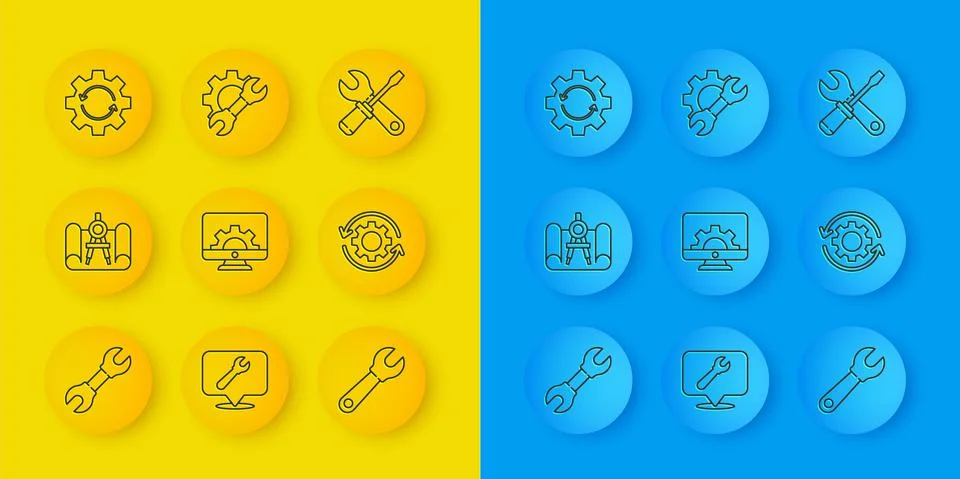 Set line Wrench spanner, Graphing paper and compass, Computer monitor gear, Gear イラスト素材